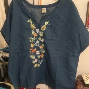 Blair Denim Blue Top with Tropical Embroidery